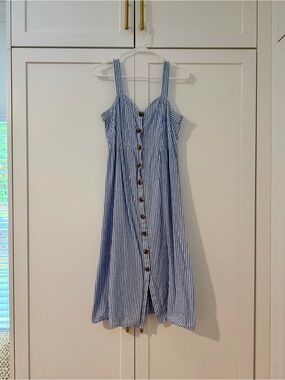 Seraphine Blue and White Striped Button-Front Maternity and Postpartum Dress